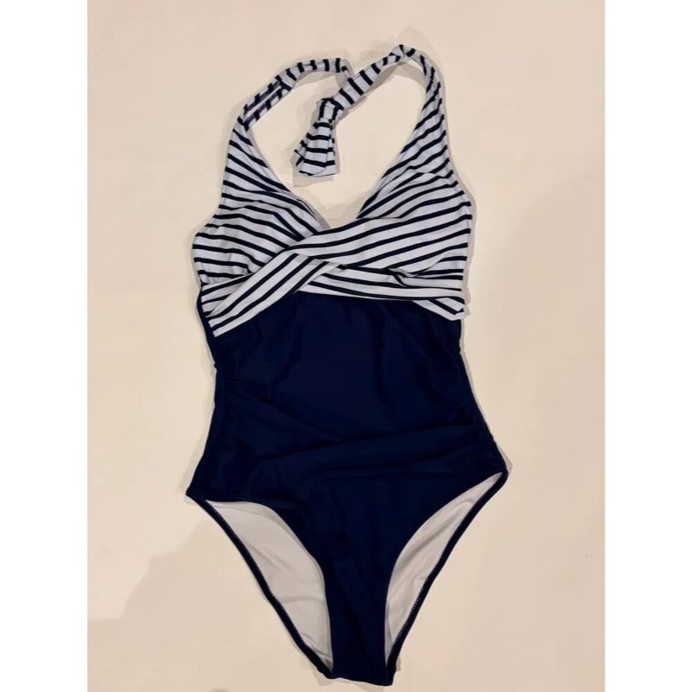 Navy & White Striped One Piece Swimsuit Size Small